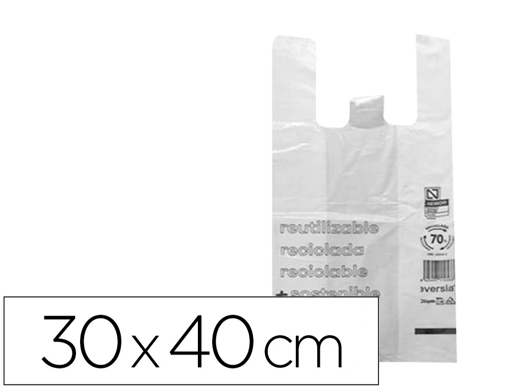 Bolsa camiseta reciclada 70% blanca 50 mc 30x40 cm apta legislacion de bolsas 2021