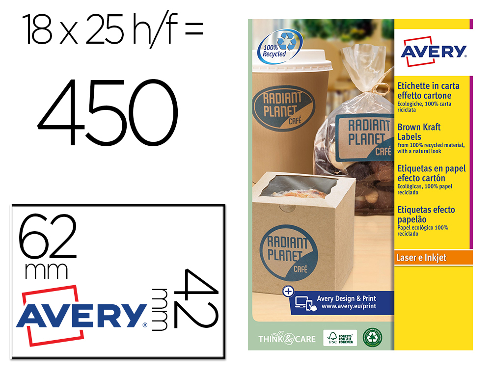 Etiqueta adhesiva avery kraft efecto carton rectangular 62x42 mm removible para laser ink-jet caja de 160 unidades