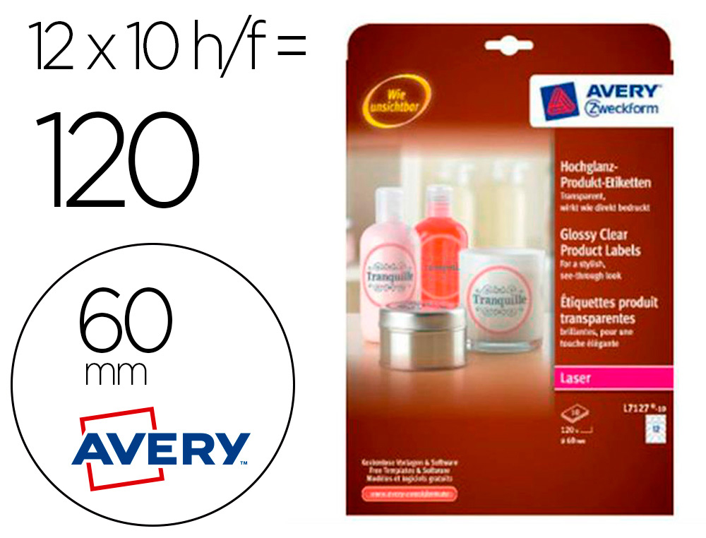 Etiqueta adhesiva avery brillante invisible redonda laser 60 mm caja de 120 unidades