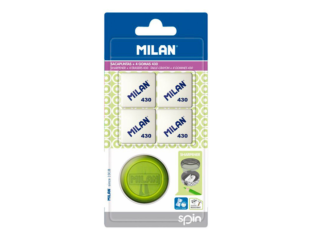 Sacapuntas milan spin plastico 1 uso + 4 gomas de borrar 430