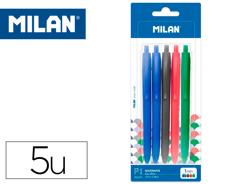 Boligrafo milan p1 retractil 1 mm touch blister de 5 unidades colores surtidos
