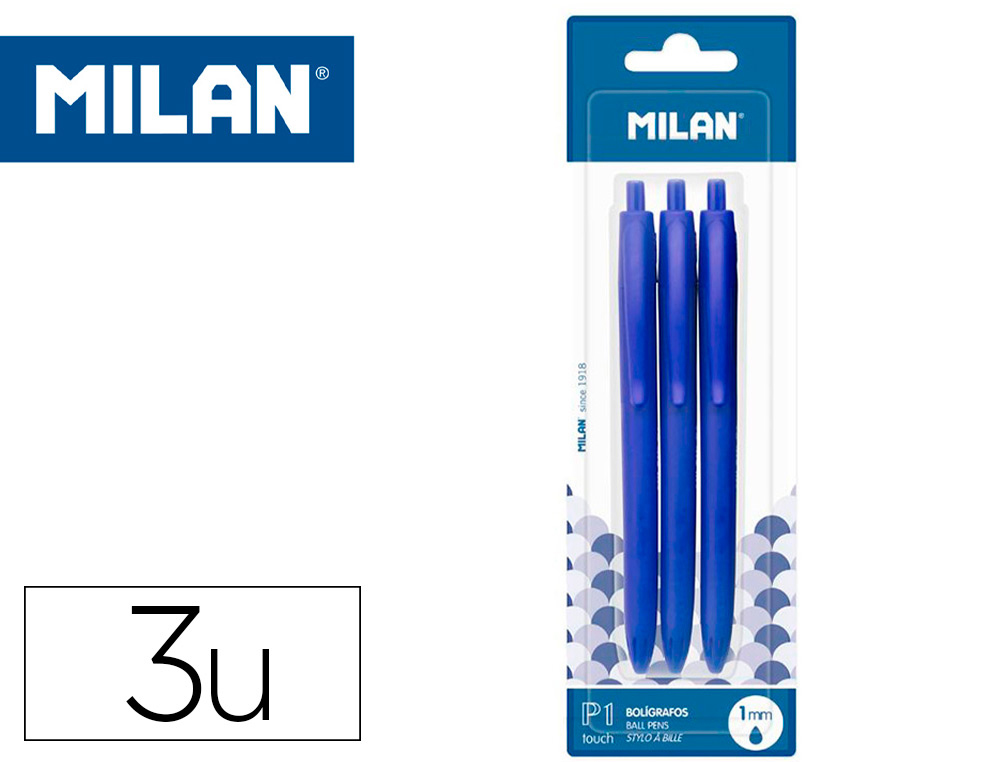 Boligrafo milan p1 retractil 1 mm touch azul blister de 3 unidades
