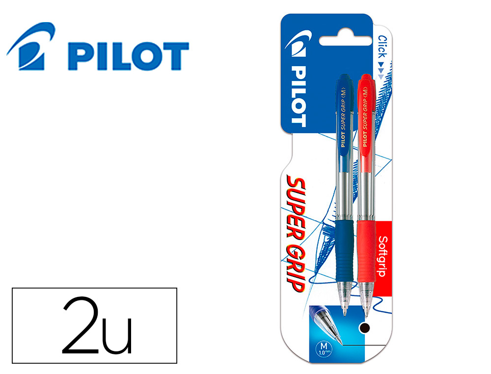 Boligrafo pilot super grip retractil sujecion de caucho tinta base de aceite en blister 1 azul + 1 rojo