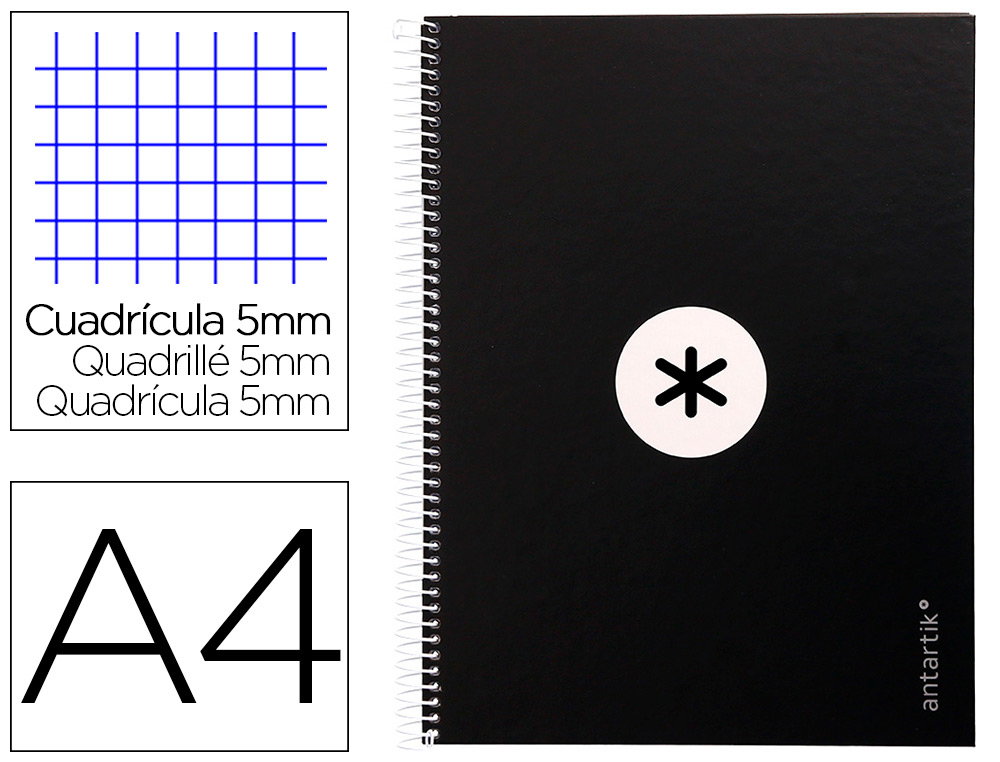 Cuaderno espiral a4 micro antartik tapa forrada 80h 90 gr cuadro 5mm 1 banda 4 taladros negro