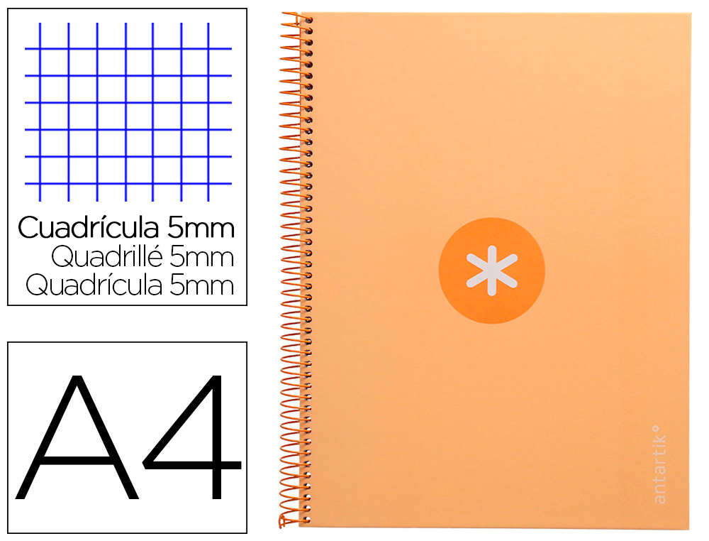 Cuaderno espiral a4 micro antartik tapa forrada 80h 90 gr cuadro 5mm 1 banda 4 taladros color peach