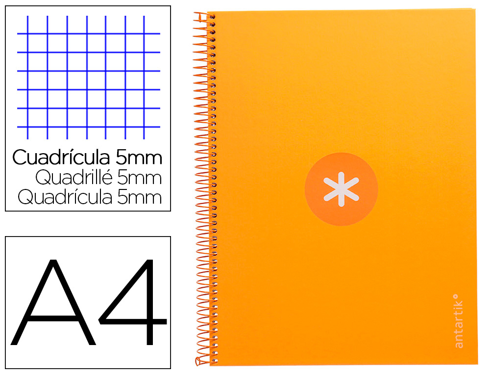 Cuaderno espiral a4 micro antartik tapa forrada 80h 90 gr cuadro 5mm 1 banda 4 taladros mostaza