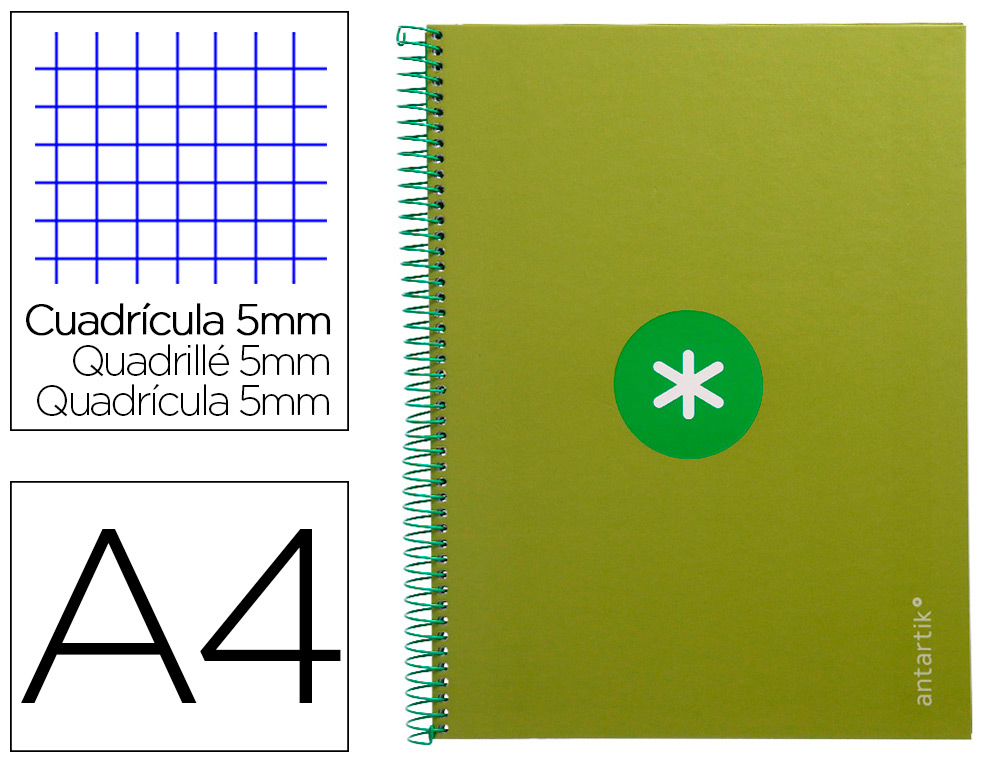 Cuaderno espiral a4 micro antartik tapa forrada 80h 90 gr cuadro 5mm 1 banda 4 taladros verde