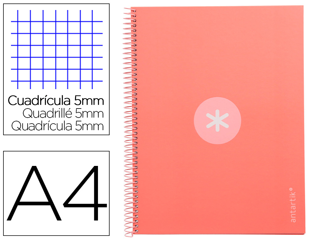 Cuaderno espiral a4 micro antartik tapa forrada 80h 90 gr cuadro 5mm 1 banda 4 taladros rosa claro