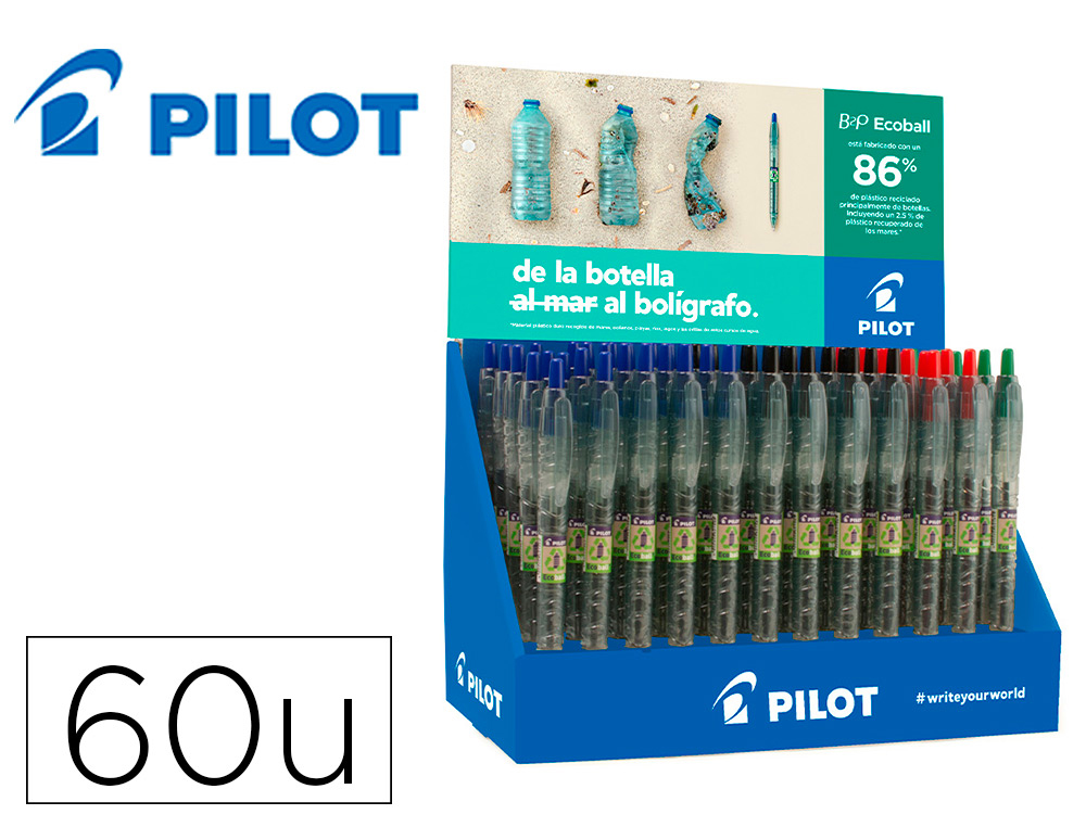 Boligrafo pilot ecoball plastico reciclado expositor de 60 unidades colores surtidos + 10 boligrafos