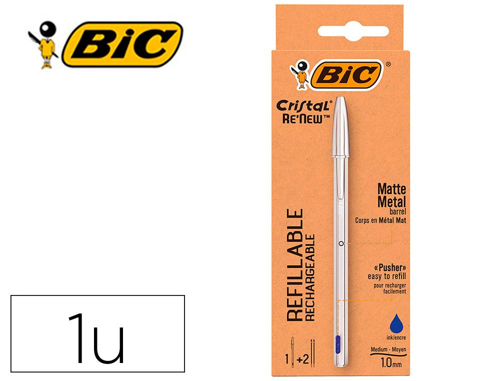 Boligrafo bic cristal renew cuerpo en aluminio mate tinta azul + 2 recambios en caja de carton