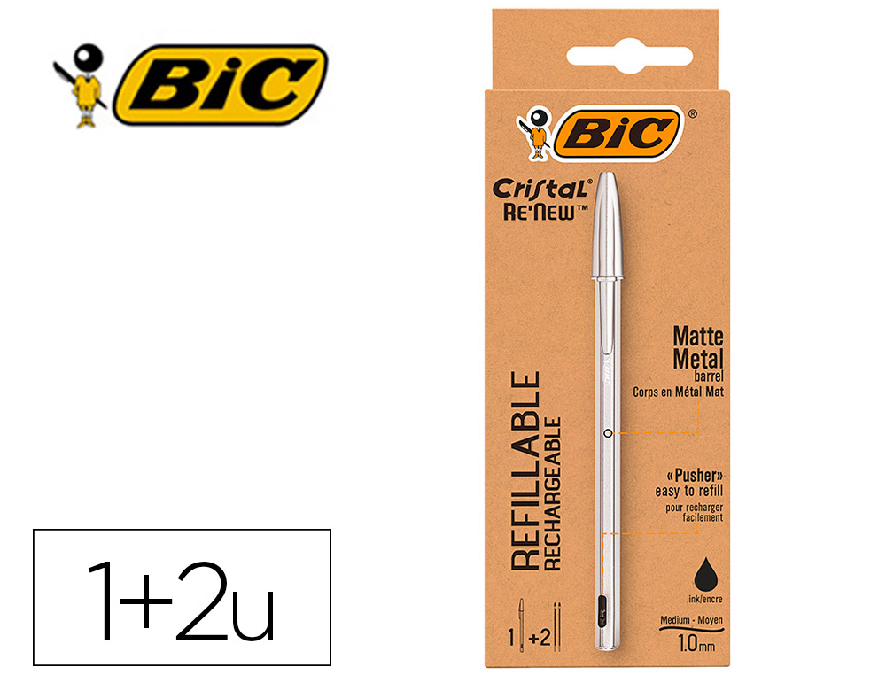 Boligrafo bic cristal renew cuerpo en aluminio mate tinta negro + 2 recambios en caja de carton
