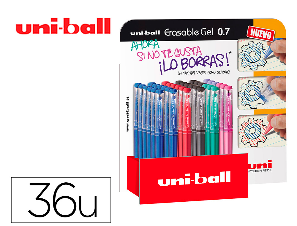 Rotulador uni-ball roller uf-222 tinta gel borrable 0,7 mm expositor de 36 unidades colores surtidos