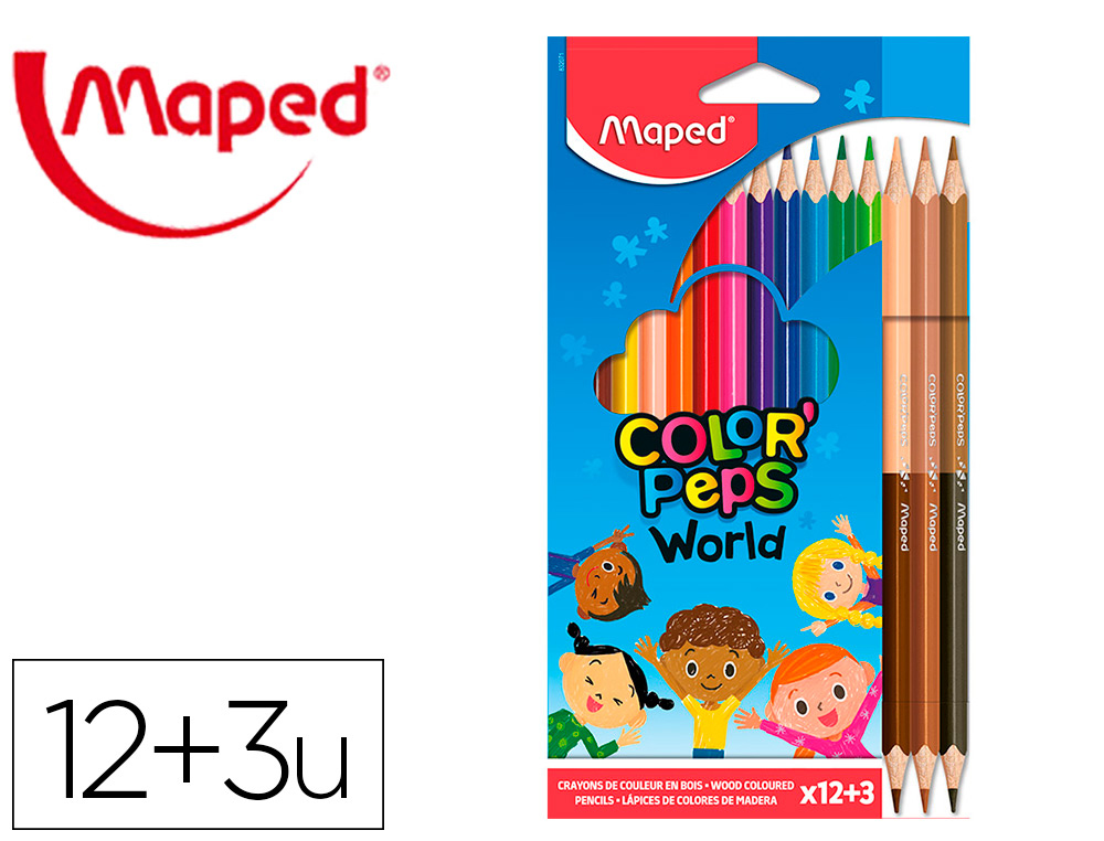 Lapices de colores maped color peps world caja de 12 colores surtidos + 3 duo tonos de piel