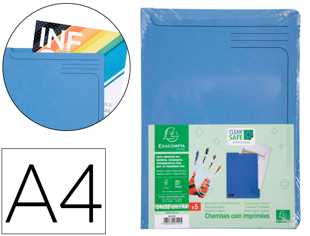 Carpeta dossier uñero exacompta clean safe cartulina 400 gr din a4 azul paquete de 5 unidades