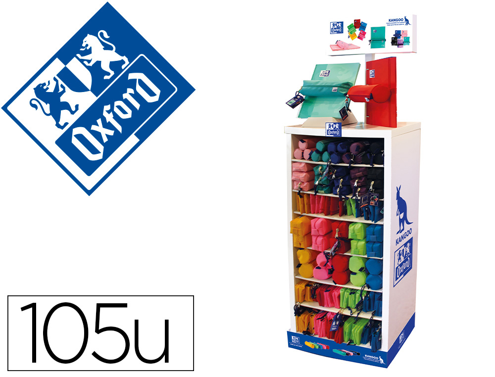 Bolso escolar portatodo oxford expositor de 105 unidades colores surtidos 1200x120x565 mm