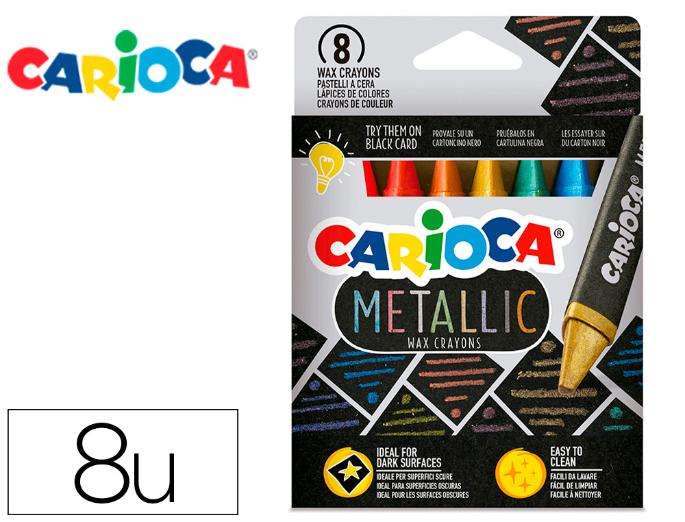 Lapices cera carioca metallic triangular caja de 8 unidades colores surtidos