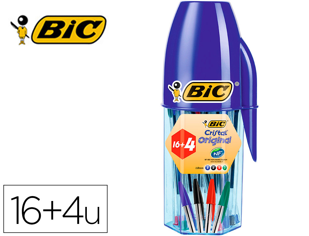 Boligrafo bic cristal mega tubo 16+4 unidades colores surtidos 8 azules / 5 negros / 4 rojos/ 3 verdes