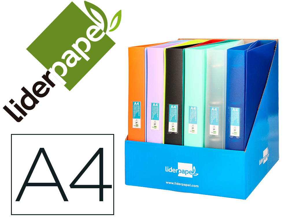 Carpeta liderpapel 4 anillas 25mm mixtas polipropileno din a4 colores surtidos expositor de 12 unidades