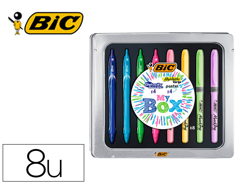 Set bic caja metalica 4 gelocity quick dry colores surtidos + 4 fluorescentes grip colores pastel surtidos