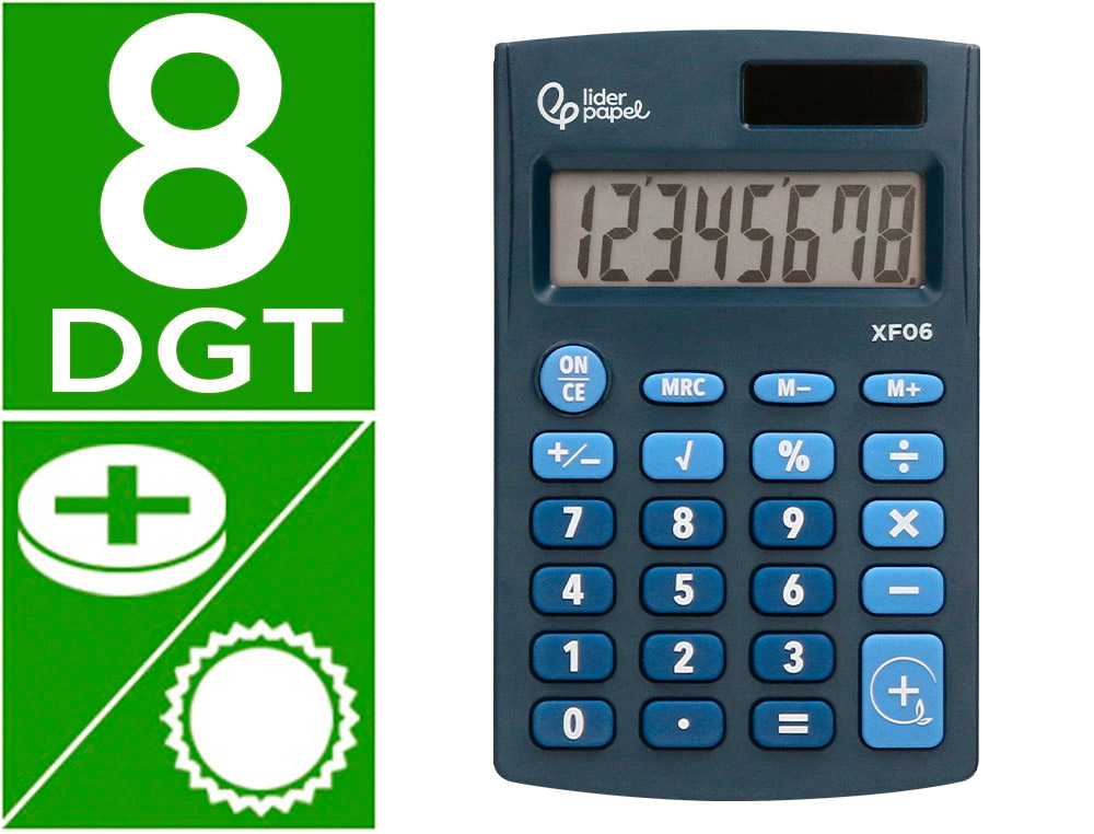 Calculadora liderpapel bolsillo xf06 8 digitos solar y pilas color azul 98x62x8 mm