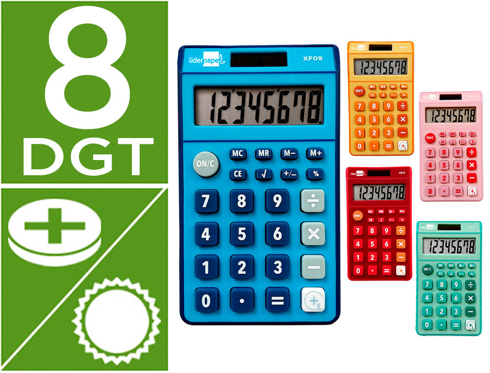 Calculadora liderpapel bolsillo xf14 8 digitos solar y pilas 115x65x8 mm expositor de 16 unidades colores