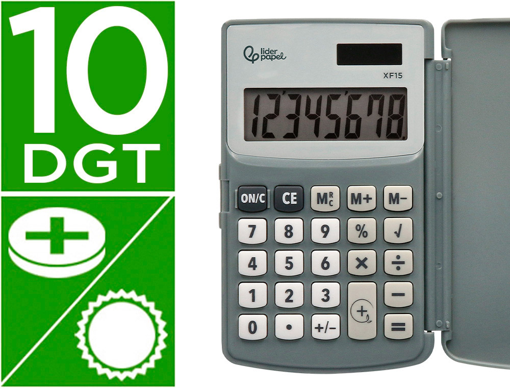 Calculadora liderpapel bolsillo xf15 10 digitos con tapa solar y pilas color gris 123x75x12 mm