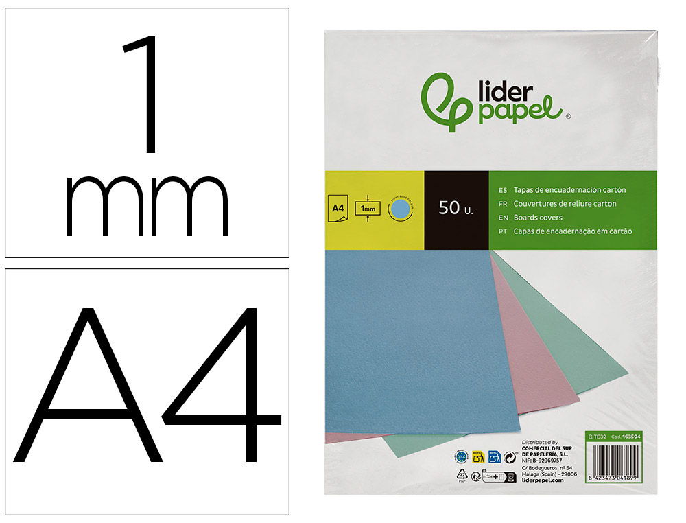 Tapa encuadernacion liderpapel carton a4 1 mm celeste paquete de 50 unidades