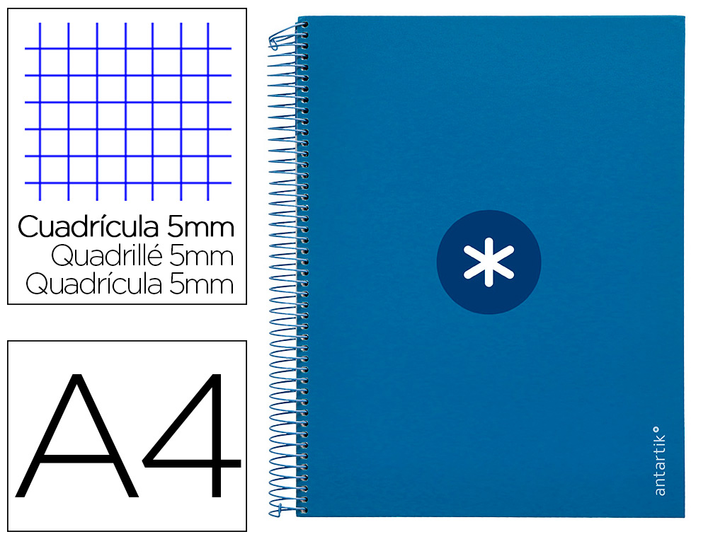 Cuaderno espiral a4 micro antartik tapa forrada 120h 90 gr cuadro 5mm 5 bandas 4 taladros color azul marino