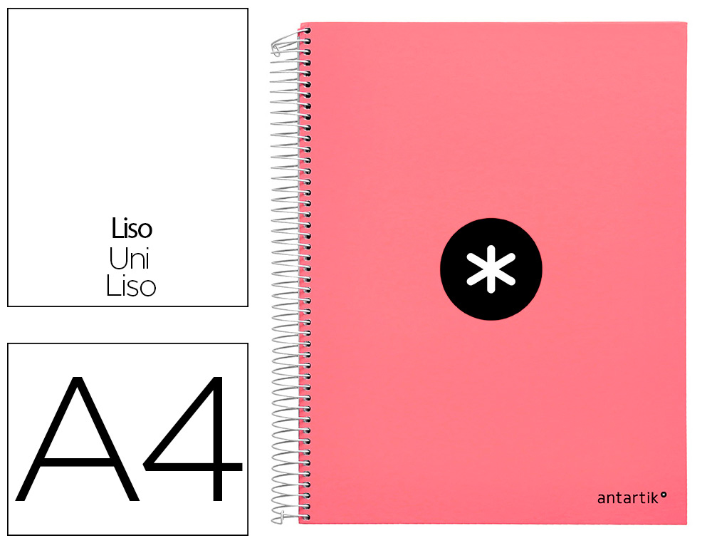 Cuaderno espiral a4 micro antartik tapa forrada 120h 90 gr liso 5 bandas 4 taladros color coral