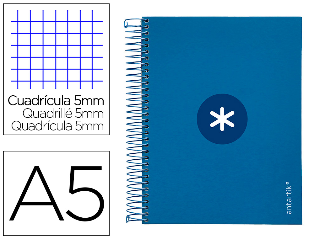Cuaderno espiral a5 micro antartik tapa forrada120h 90 gr cuadro 5mm 5 bandas6 taladros color azul oscuro