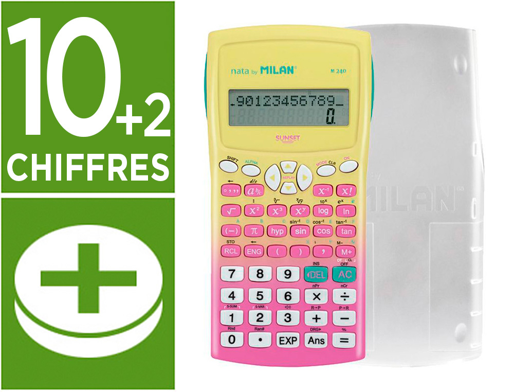 Calculadora milan cientifica m240 sunset tapa translucida 2 lineas 240 funciones 10+2 digitos color rosa /amarillo