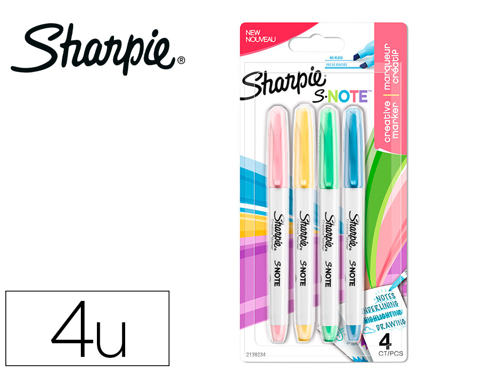 Rotulador sharpie permanente s-note punta biselada trazo 1,2 /3,87 mm blister 4 unidades colores surtidos
