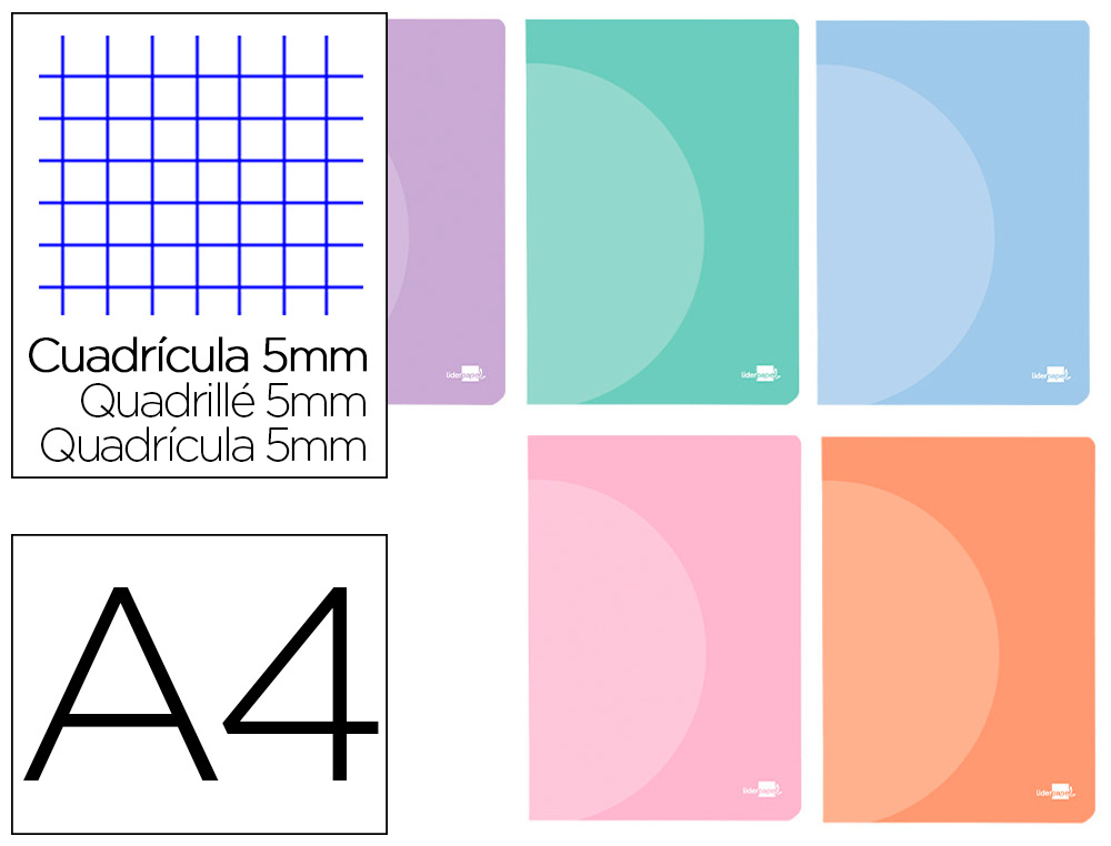 Libreta liderpapel 360 tapa de plastico a4 48 hojas 90g/m2 cuadro 5mm con doble margen colores pastel