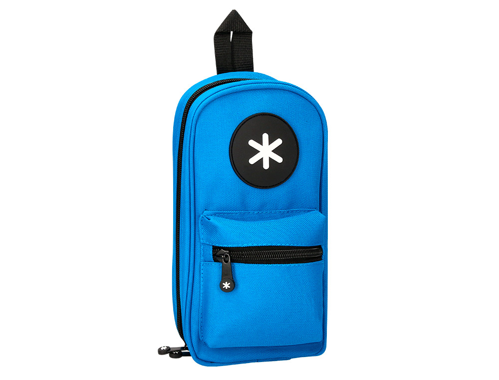 Estuche portatodo antartik forma de mochila con bolsillo y 4 departamentos color azul 230x50x120 mm