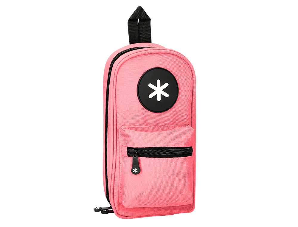 Estuche portatodo antartik forma de mochila con bolsillo y 4 departamentos color coral 230x50x120 mm