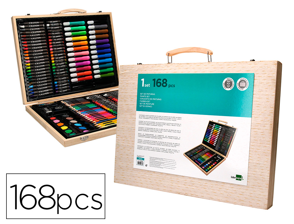 Estuche de pintura liderpapel madera 168 piezas maletin 39,3x30x4,8 cm