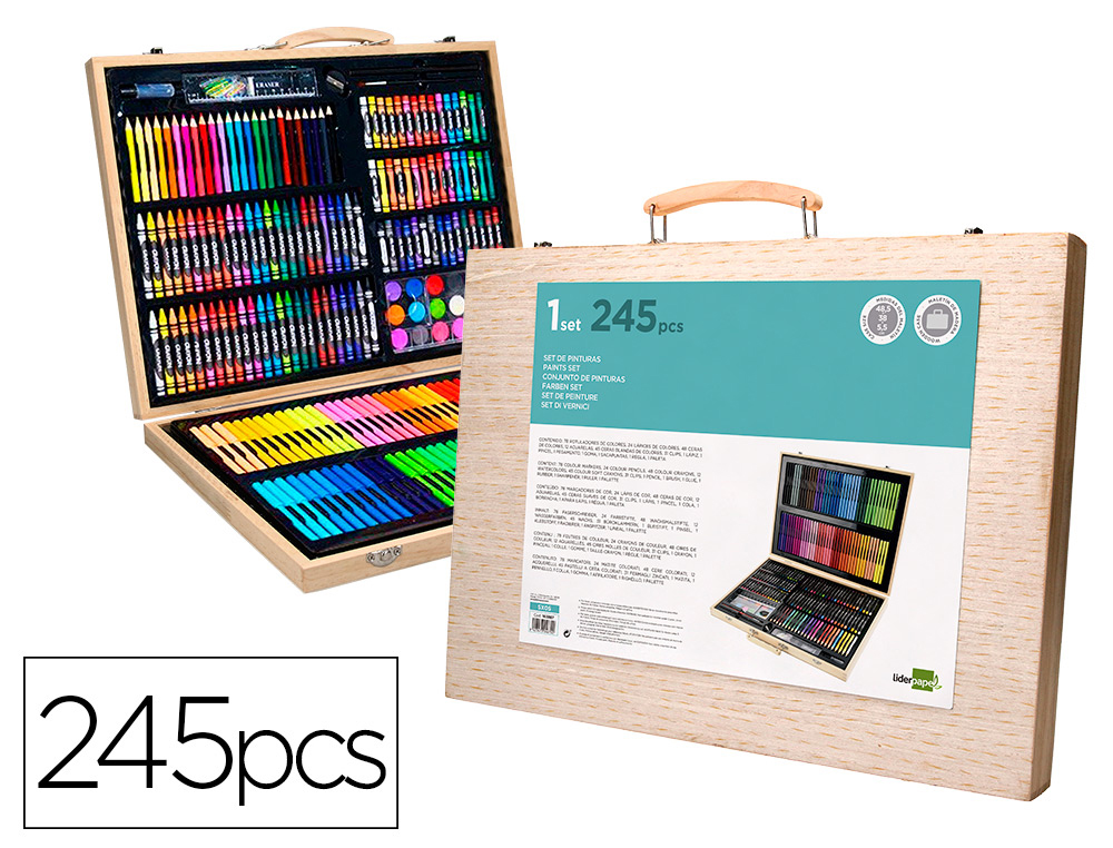 Estuche de pintura liderpapel madera 245 piezas maletin 49x36,6x4,5 cm