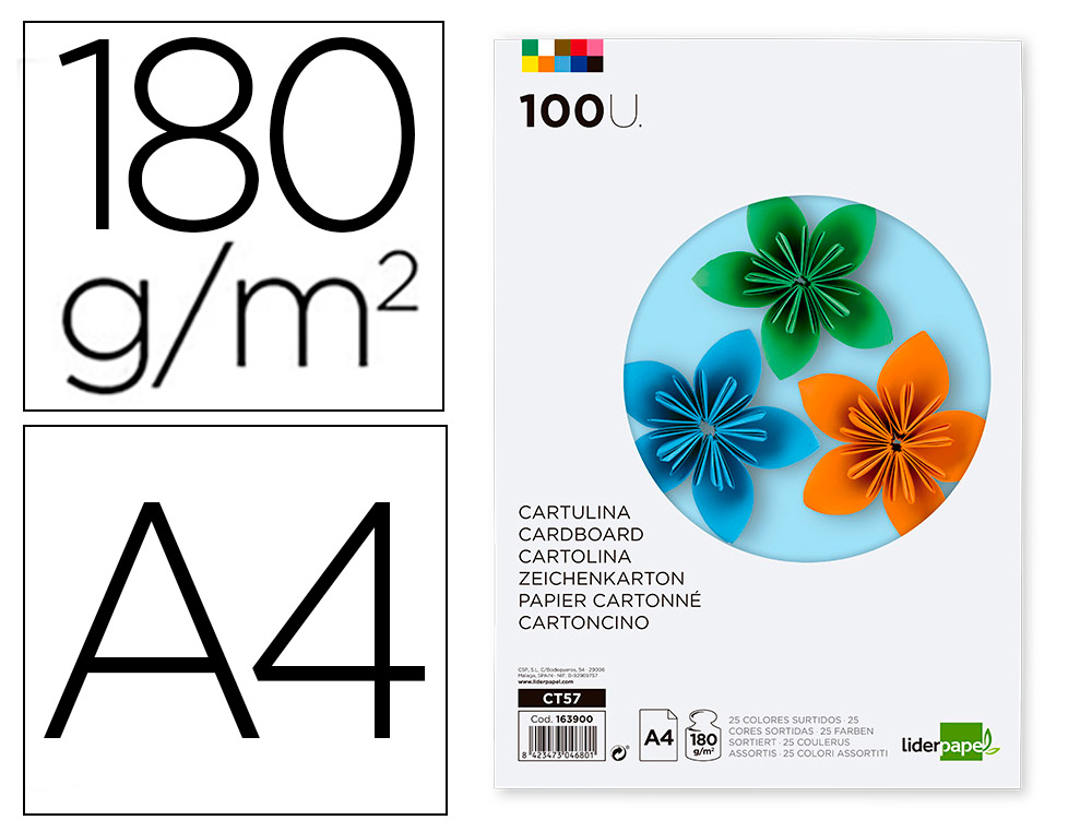 Cartulina liderpapel a4 180g/m2 25 colores surtidos paquete de 100 hojas