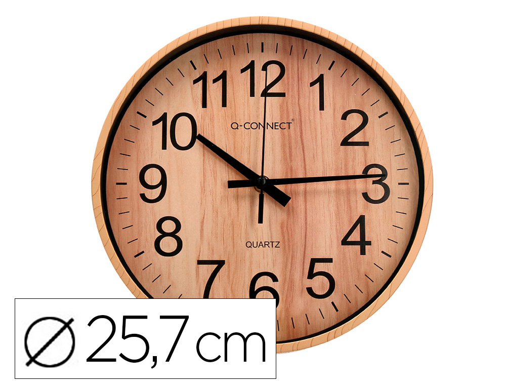 Reloj q-connect de pared de plastico redondo 25,7 cm movimiento silencioso color madera natural