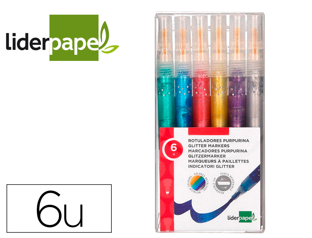 Rotulador liderpapel efecto purpurina metalizada punta reversible bolsa de 6 unidades colores surtidos