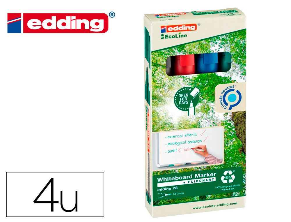 Rotulador edding 28 para pizarra blanca ecoline 90% reciclado bolsa 4 colores surtidos punta redonda 1,5-3