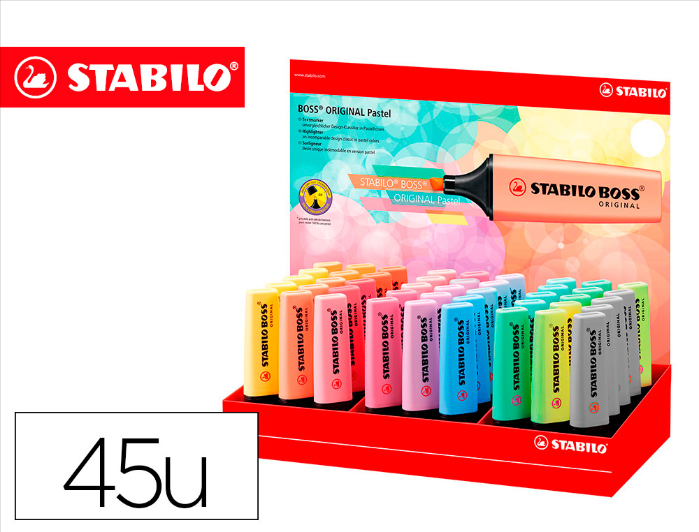 Rotulador stabilo boss fluorescente 70 pastel expositor de 45 unidades colores surtidos