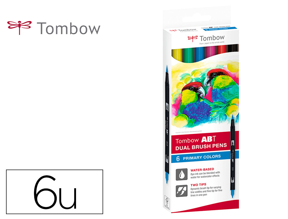 Rotulador tombow abt dual brush acuarelable doble punta fina/pincel estuche de 6 colores primarios