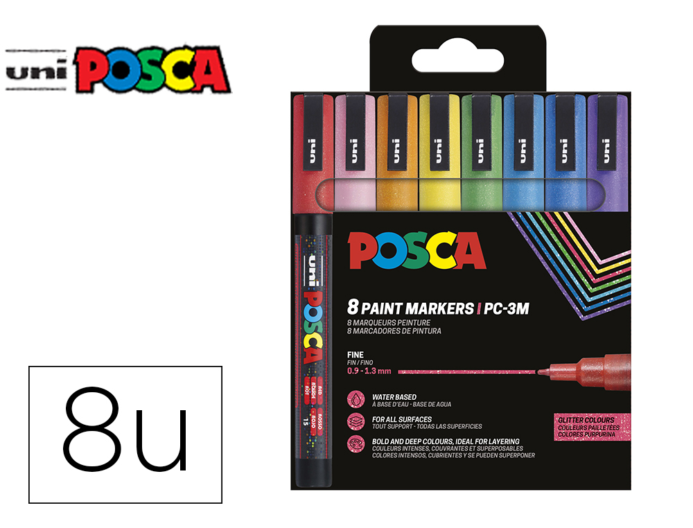 Rotulador uni posca pc-3m/8c marcador de pintura punta conica 0,9-1,3 mm estuche de 8 unidades colores purpurina