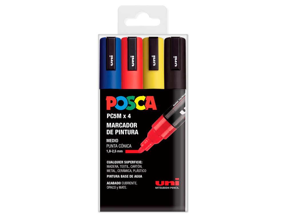 Rotulador uni posca pc-5m/4c marcador de pintura punta conica 1,8-2,5 mm estuche de 4 unidades colores basicos