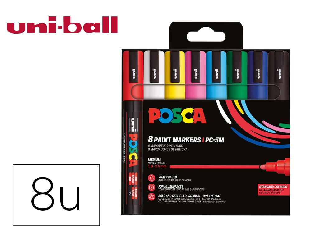 Rotulador uni posca pc-5m/8c marcador de pintura punta conica 1,8-2,5 mm estuche de 8 unidades colores basicos