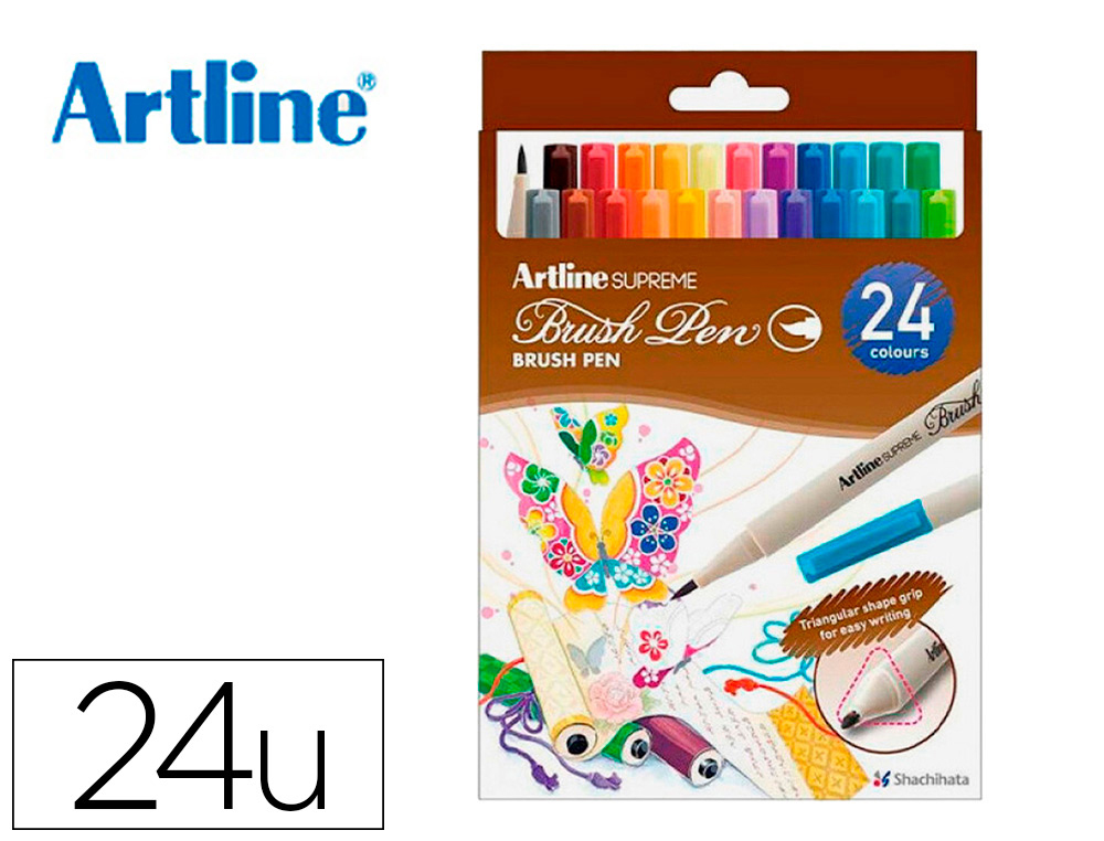 Rotulador artline supreme brush pintura base agua punta tipo pincel trazo fino bolsa 24 unidades colores surtidos