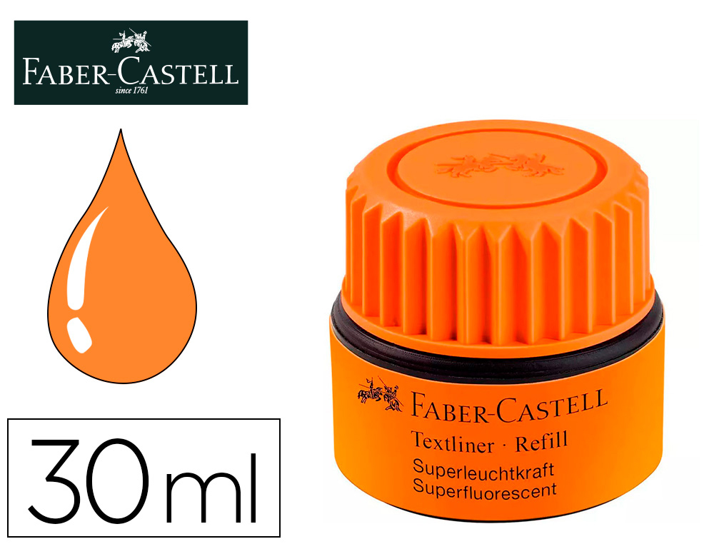 Tinta rotulador faber castell textliner fluorescente 1549 con sistema capilar color naranja bote 30 ml