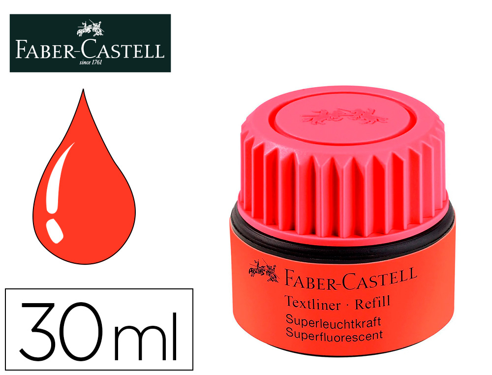 Tinta rotulador faber castell textliner fluorescente 1549 con sistema capilar color rojo bote 30 ml