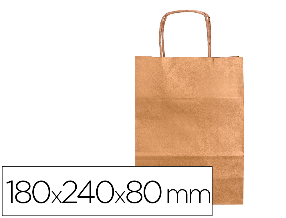 Bolsa papel q-connect kraft natural liso xs con asa retorcida 180x240x80 mm